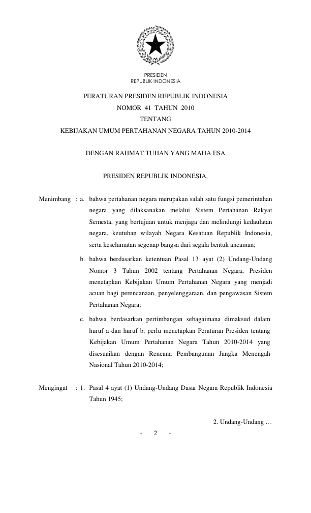 Peraturan Presiden Nomor 41 Tahun 2010