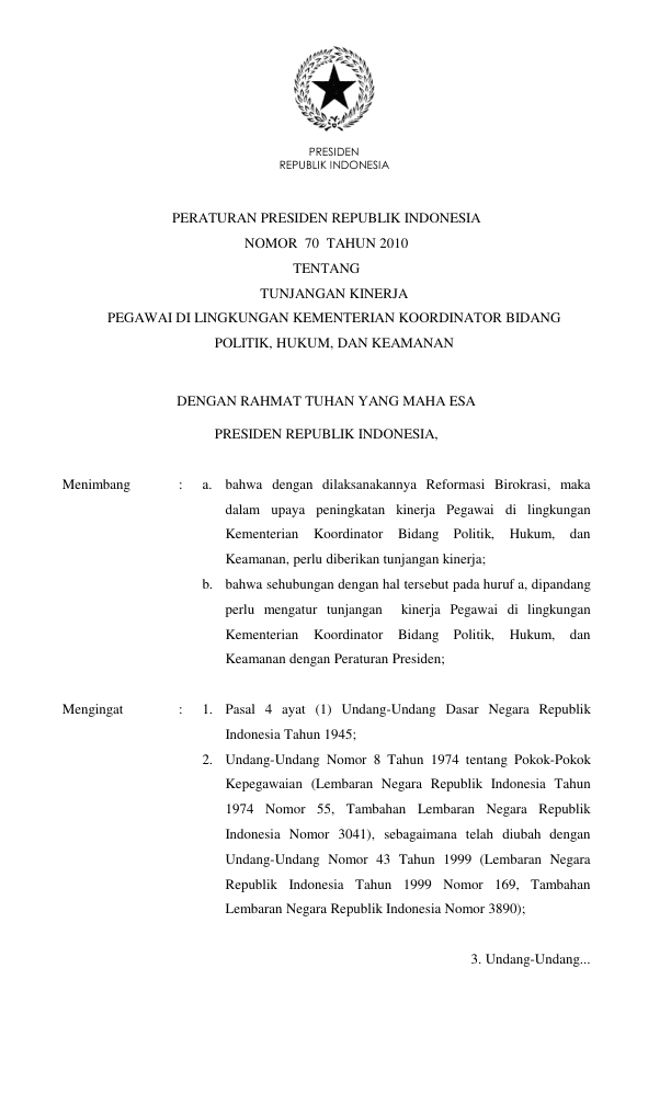 Peraturan Presiden Nomor 70 Tahun 2010