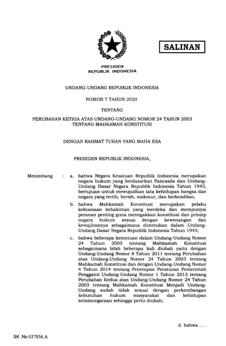 Undang-Undang Nomor 7 Tahun 2020