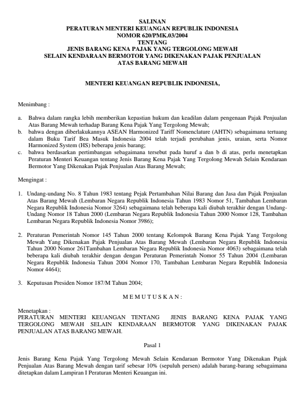 Peraturan Menteri Keuangan Nomor 620/PMK.03/2004