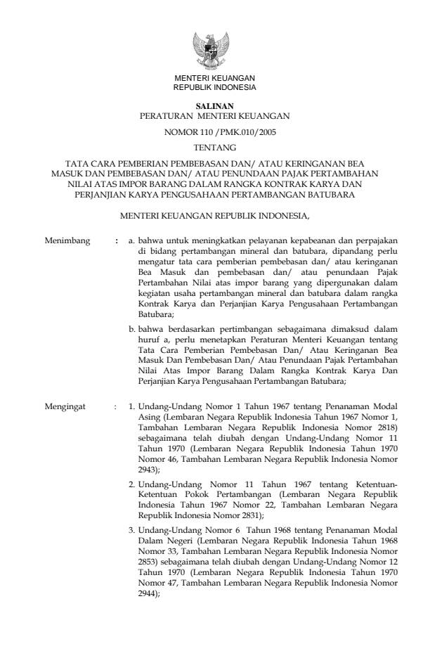 Peraturan Menteri Keuangan Nomor 110/PMK.010/2005