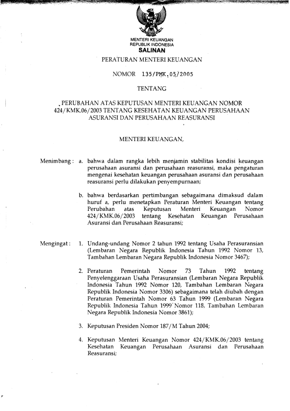 Peraturan Menteri Keuangan Nomor 135/PMK.05/2005