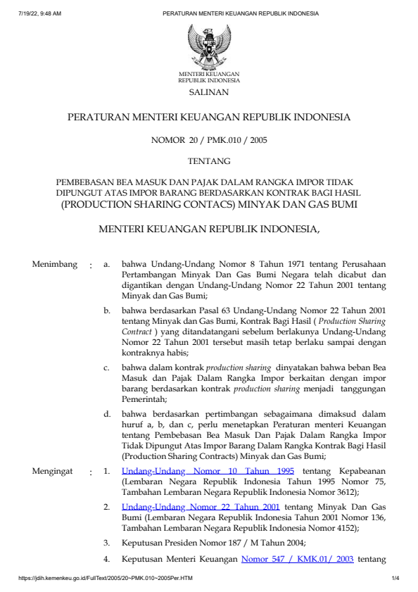 Peraturan Menteri Keuangan Nomor 20/PMK.010/2005