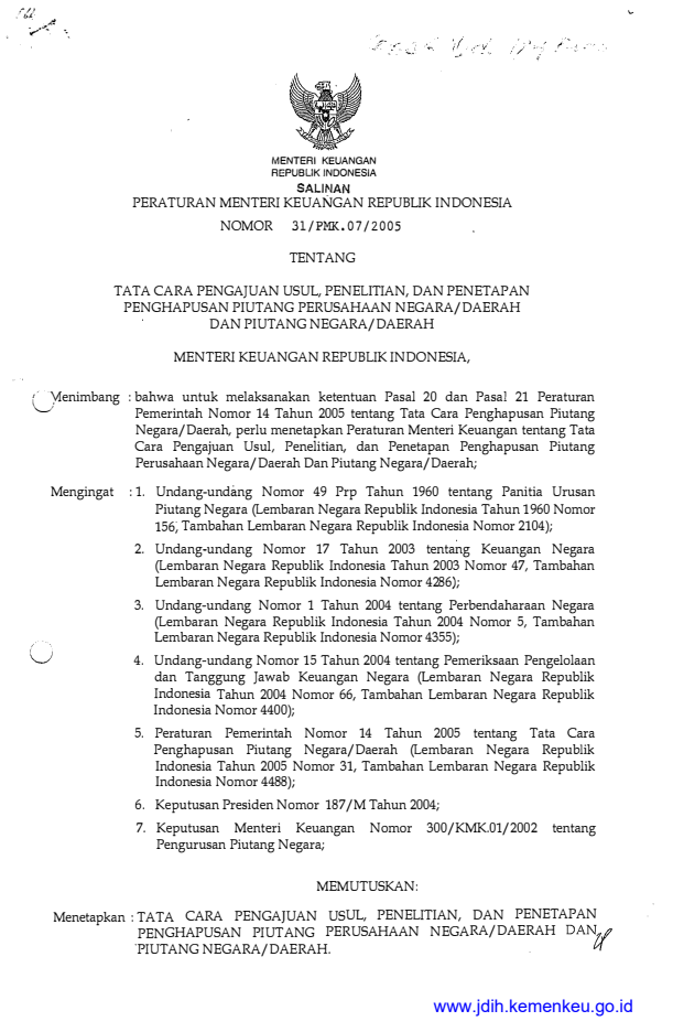 Peraturan Menteri Keuangan Nomor 31/PMK.07/2005