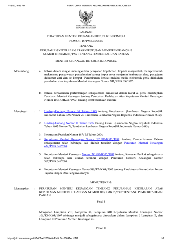 Peraturan Menteri Keuangan Nomor 48/PMK.04/2005