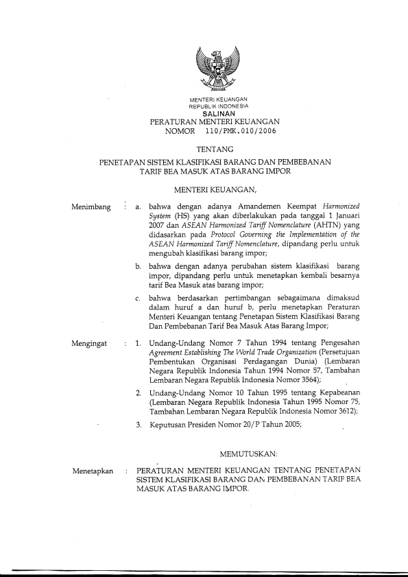 Peraturan Menteri Keuangan Nomor 110/PMK.010/2006