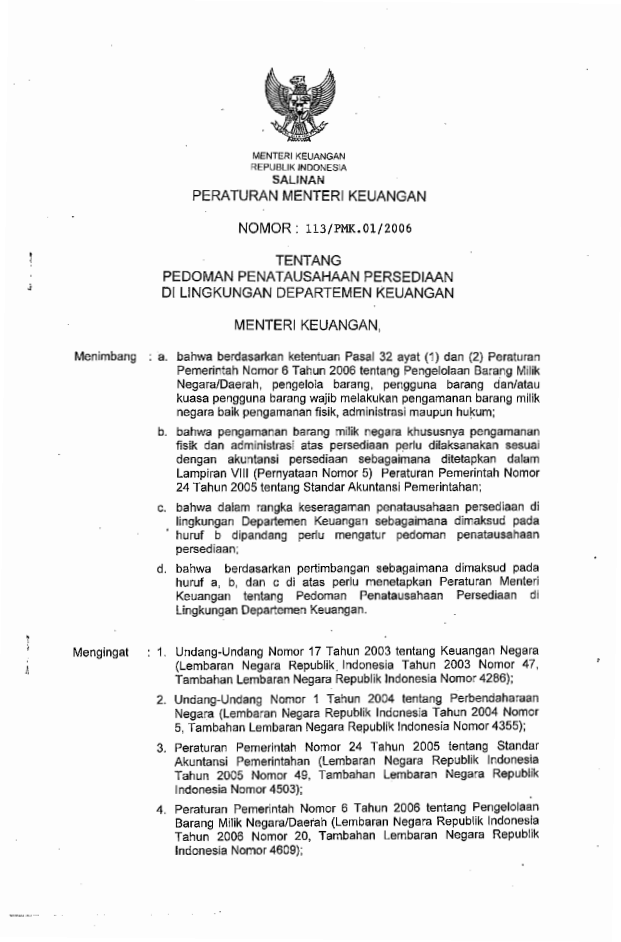 Peraturan Menteri Keuangan Nomor 113/PMK.01/2006