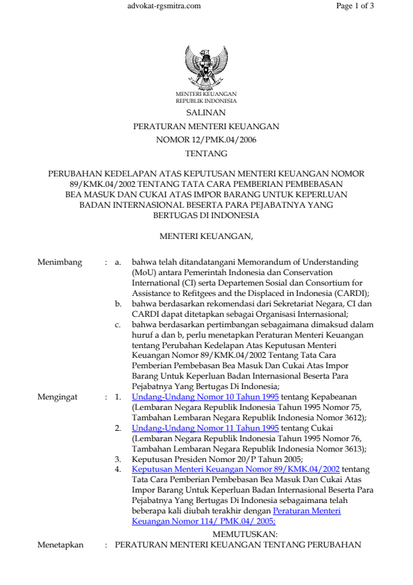 Peraturan Menteri Keuangan Nomor 12/PMK.04/2006