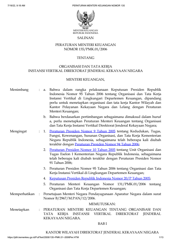 Peraturan Menteri Keuangan Nomor 135/PMK.01/2006