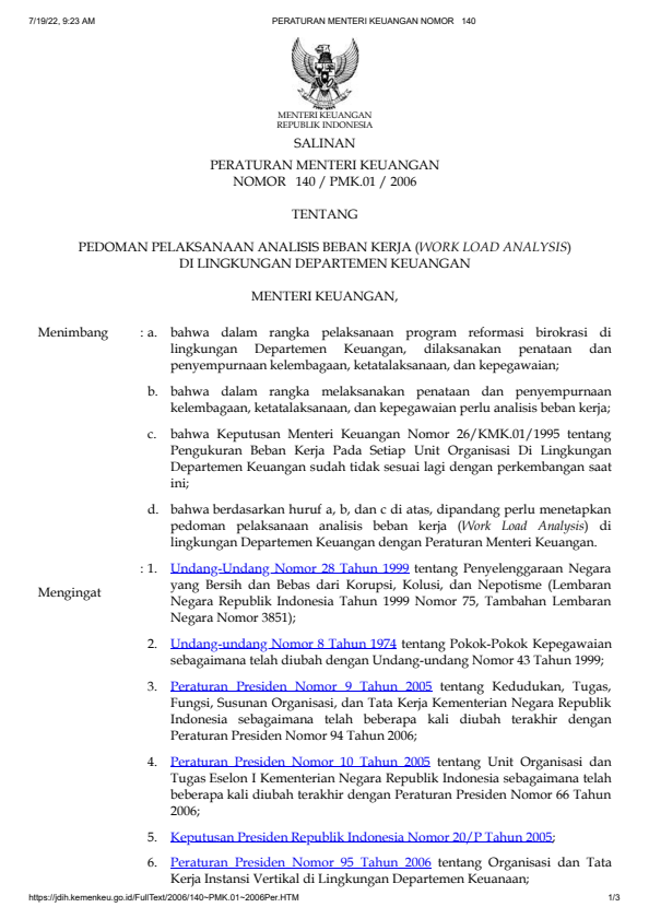 Peraturan Menteri Keuangan Nomor 140/PMK.01/2006