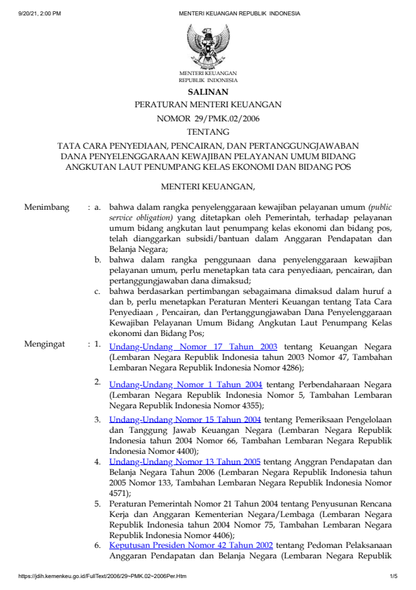 Peraturan Menteri Keuangan Nomor 29/PMK.02/2006