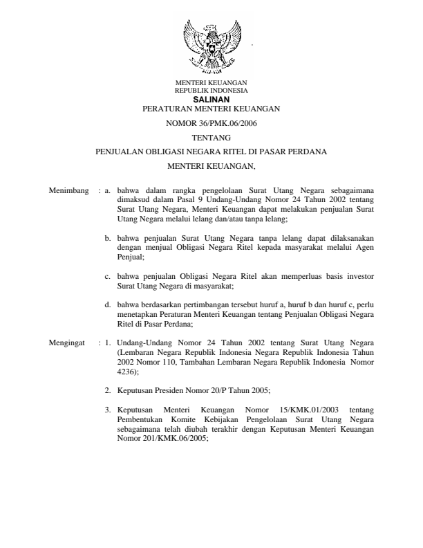 Peraturan Menteri Keuangan Nomor 36/PMK.06/2006