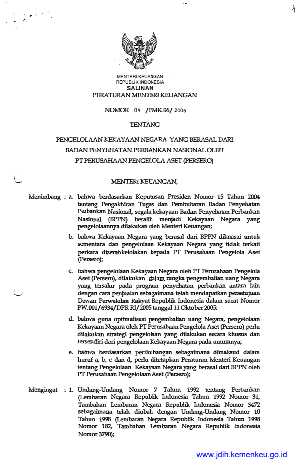 Peraturan Menteri Keuangan Nomor 04/PMK.06/2006