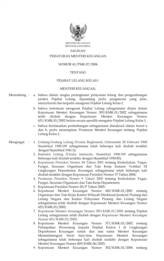 Peraturan Menteri Keuangan Nomor 41/PMK.07/2006