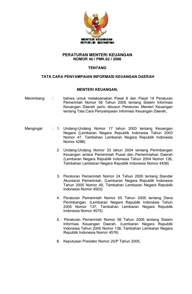 Peraturan Menteri Keuangan Nomor 46/PMK.02/2006