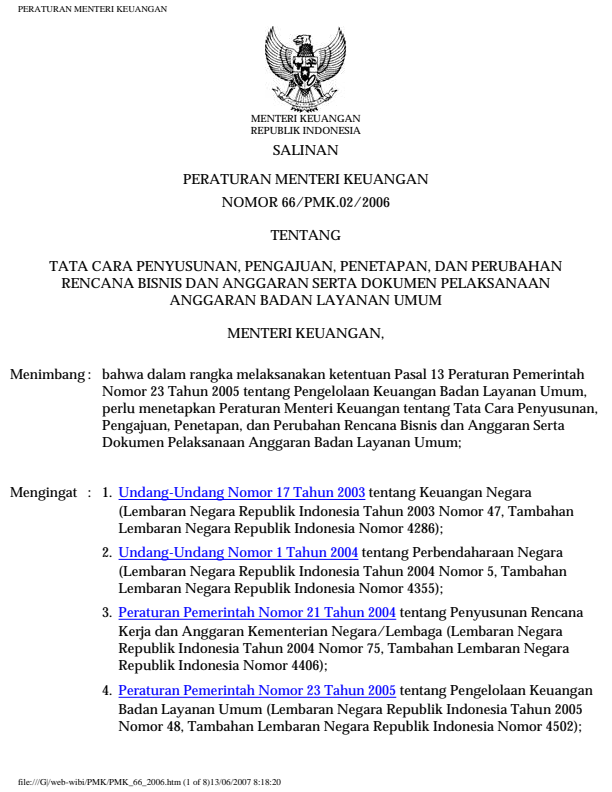 Peraturan Menteri Keuangan Nomor 66/PMK.02/2006