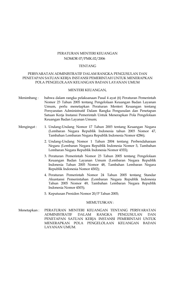 Peraturan Menteri Keuangan Nomor 07/PMK.02/2006