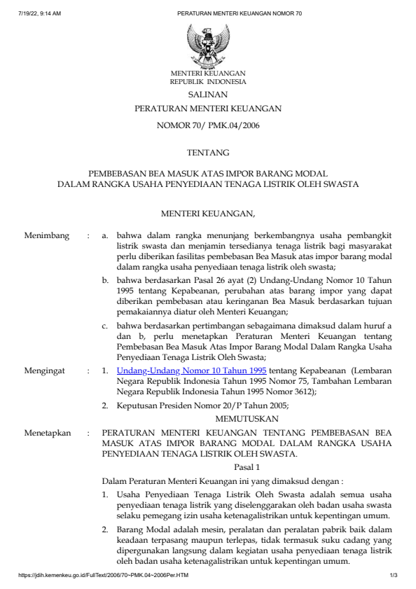 Peraturan Menteri Keuangan Nomor 70/PMK.04/2006