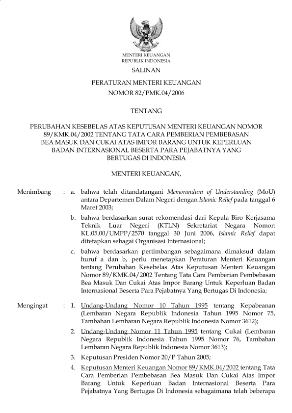 Peraturan Menteri Keuangan Nomor 82/PMK.04/2006