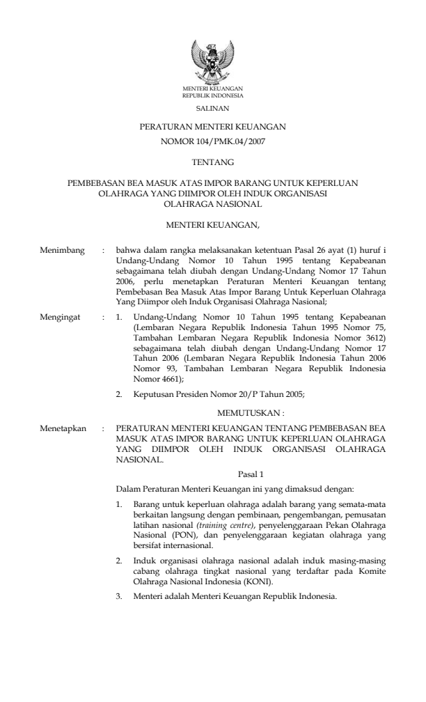 Peraturan Menteri Keuangan Nomor 104/PMK.04/2007