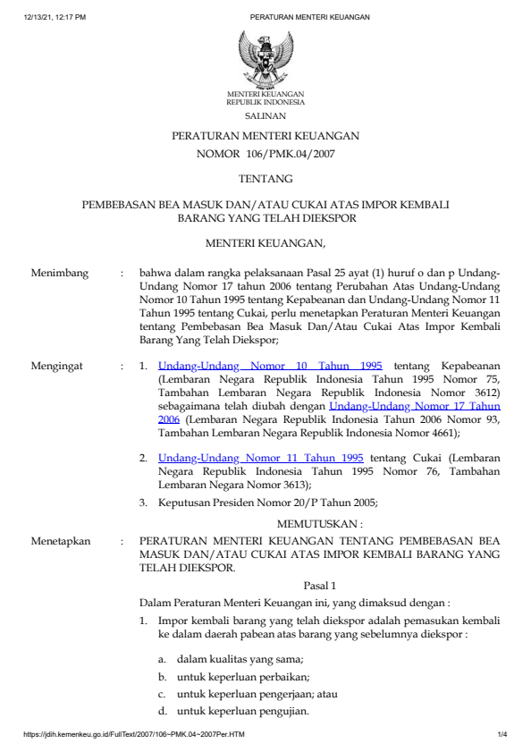 Peraturan Menteri Keuangan Nomor 106/PMK.04/2007