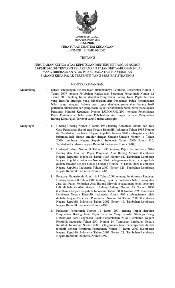 Peraturan Menteri Keuangan Nomor 11/PMK.03/2007