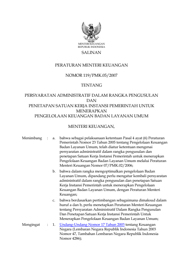 Peraturan Menteri Keuangan Nomor 119/PMK.05/2007