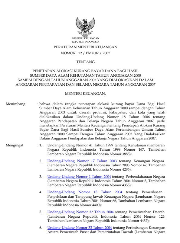 Peraturan Menteri Keuangan Nomor 12/PMK.07/2007