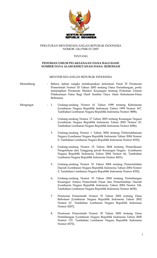 Peraturan Menteri Keuangan Nomor 126/PMK.07/2007