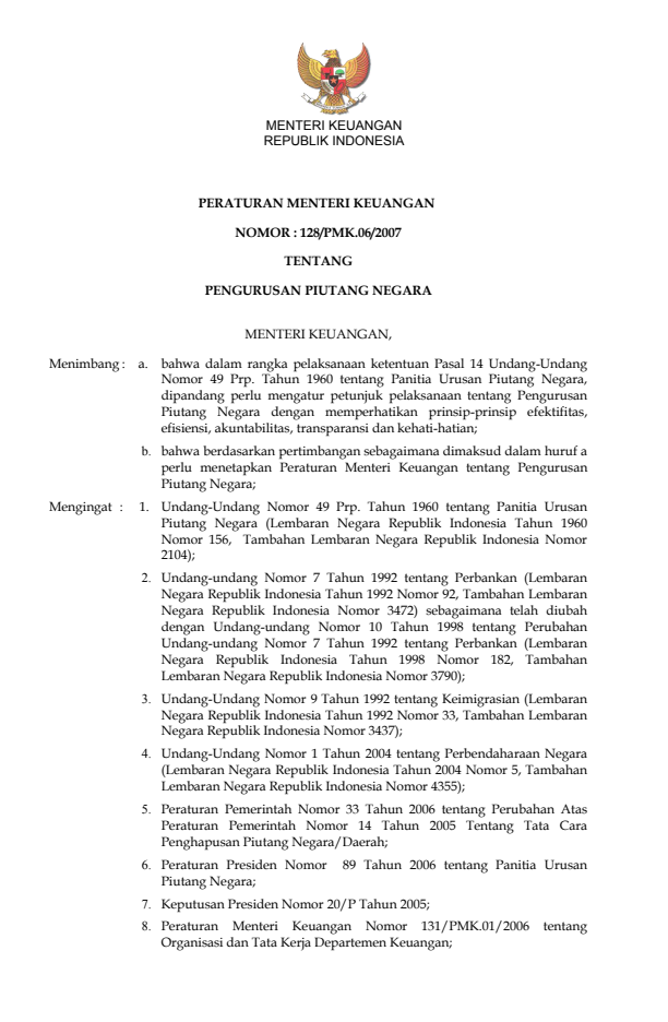 Peraturan Menteri Keuangan Nomor 128/PMK.06/2007