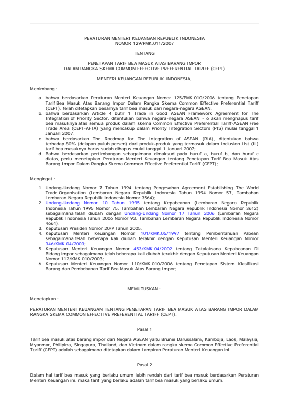 Peraturan Menteri Keuangan Nomor 129/PMK.011/2007