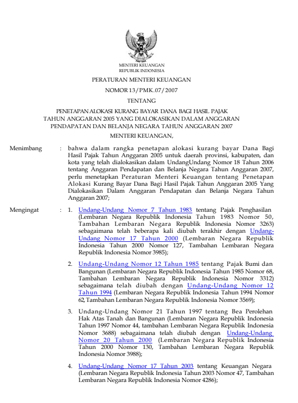 Peraturan Menteri Keuangan Nomor 13/PMK.07/2007