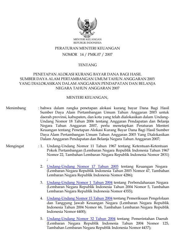 Peraturan Menteri Keuangan Nomor 14/PMK.07/2007