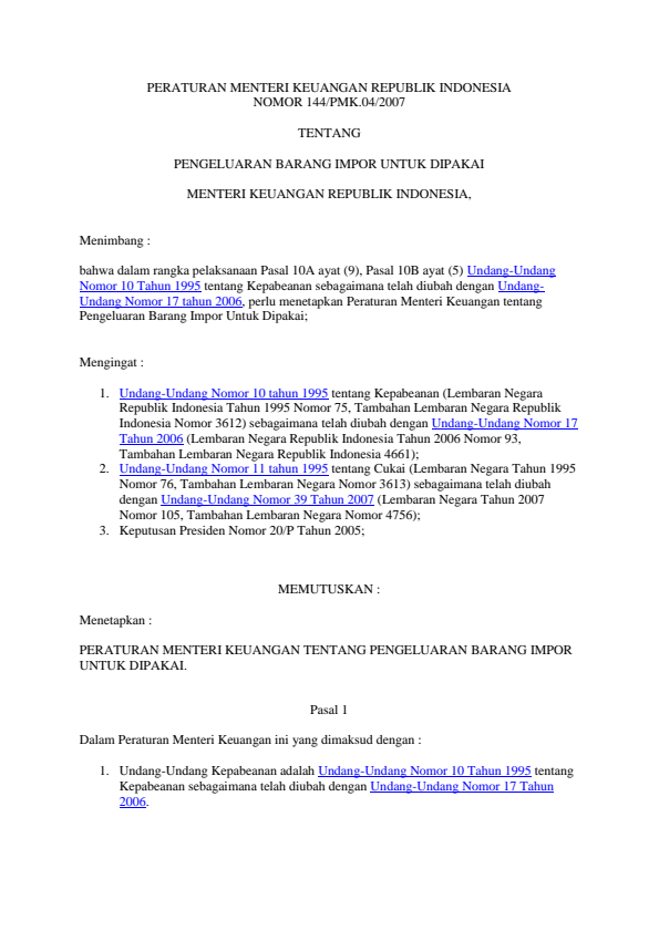 Peraturan Menteri Keuangan Nomor 144/PMK.04/2007