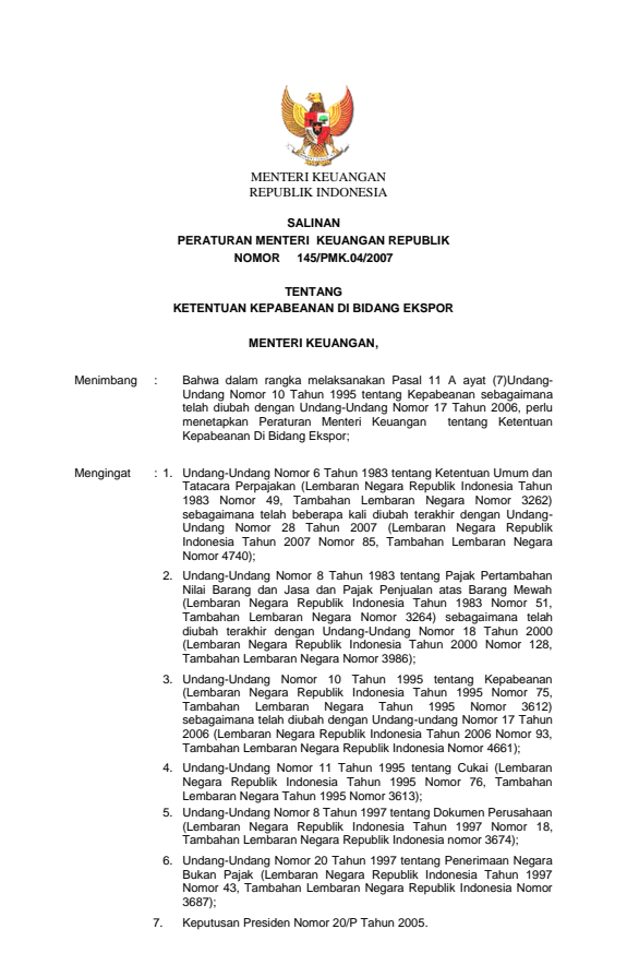 Peraturan Menteri Keuangan Nomor 145/PMK.04/2007