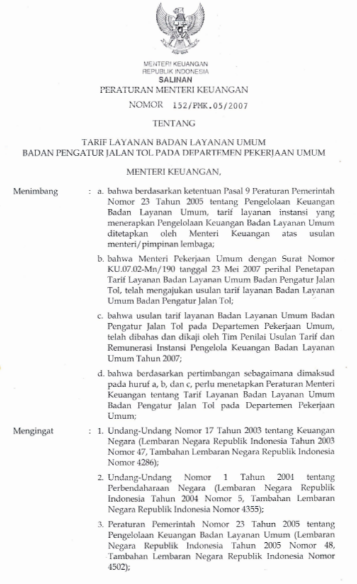 Peraturan Menteri Keuangan Nomor 152/PMK.05/2007