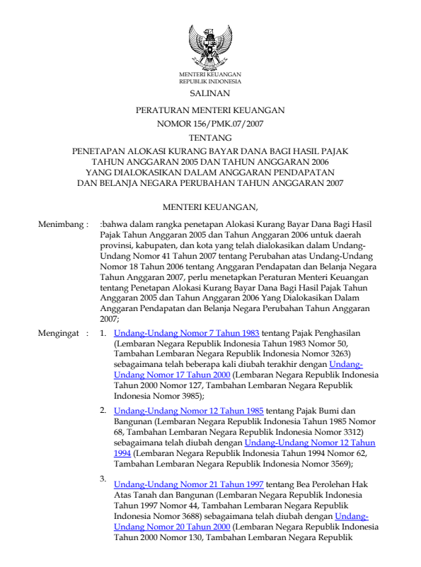 Peraturan Menteri Keuangan Nomor 156/PMK.07/2007