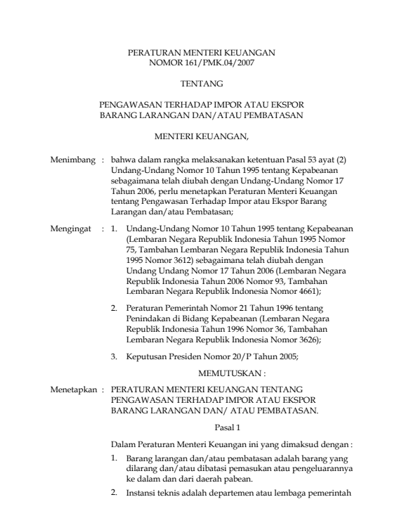 Peraturan Menteri Keuangan Nomor 161/PMK.04/2007