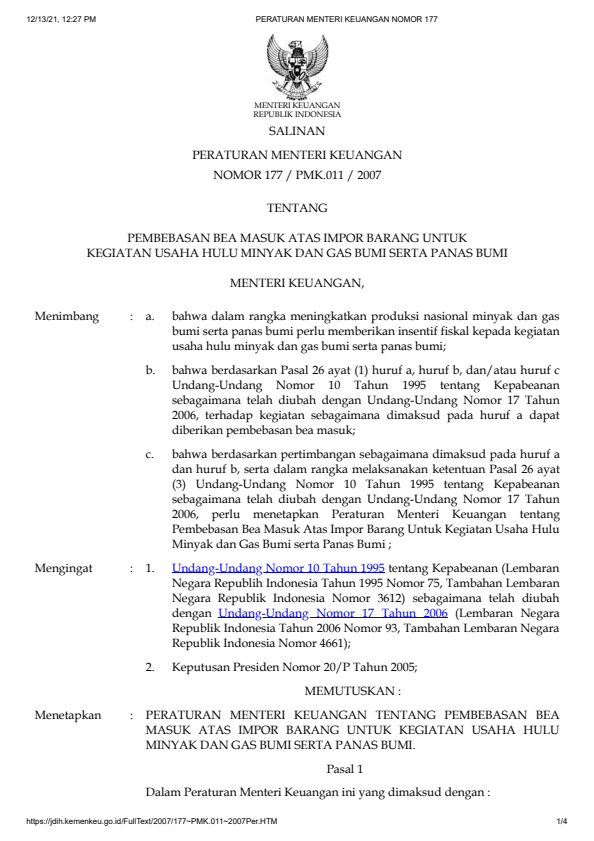 Peraturan Menteri Keuangan Nomor 177/PMK.011/2007