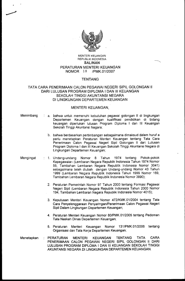 Peraturan Menteri Keuangan Nomor 18/PMK.01/2007