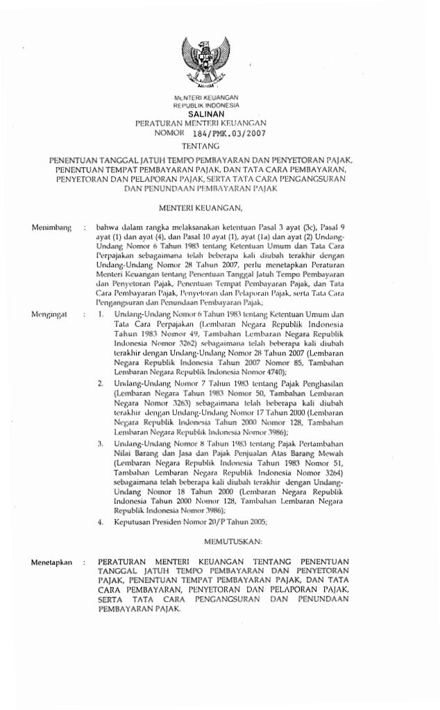 Peraturan Menteri Keuangan Nomor 184/PMK.03/2007