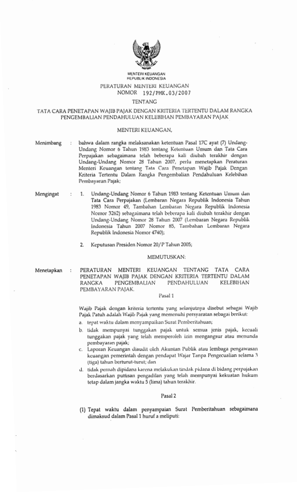 Peraturan Menteri Keuangan Nomor 192/PMK.03/2007