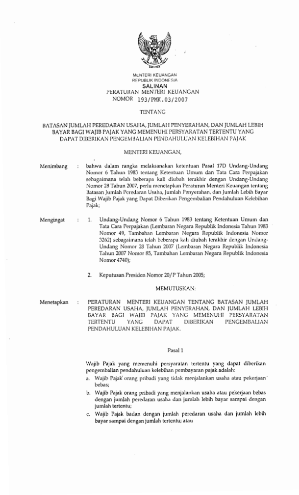 Peraturan Menteri Keuangan Nomor 193/PMK.03/2007