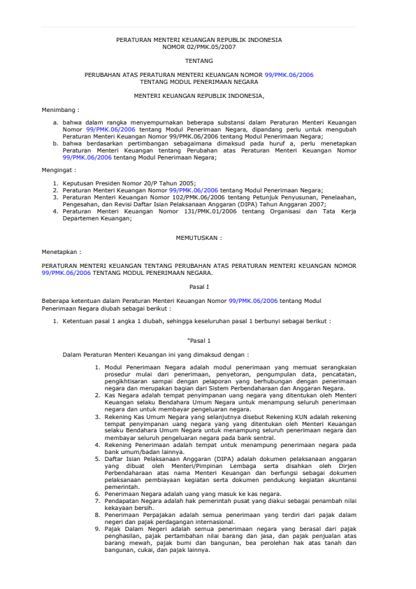 Peraturan Menteri Keuangan Nomor 02/PMK.05/2007