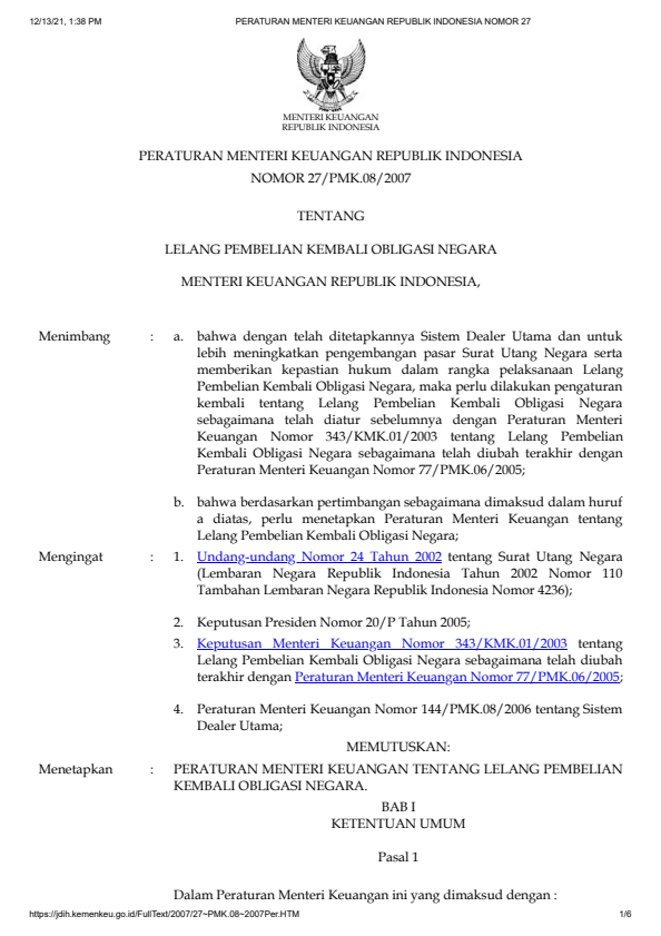 Peraturan Menteri Keuangan Nomor 27/PMK.08/2007