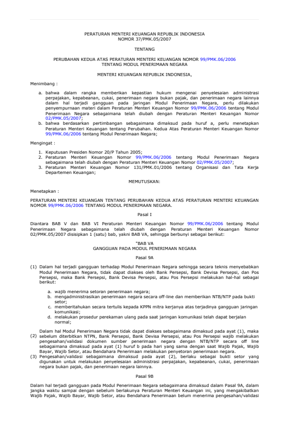 Peraturan Menteri Keuangan Nomor 37/PMK.05/2007