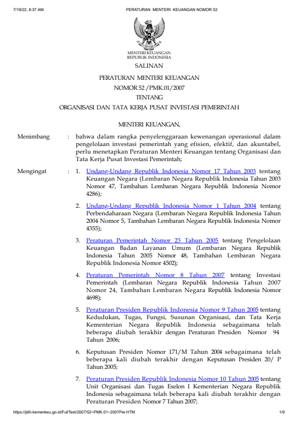 Peraturan Menteri Keuangan Nomor 52/PMK.01/2007