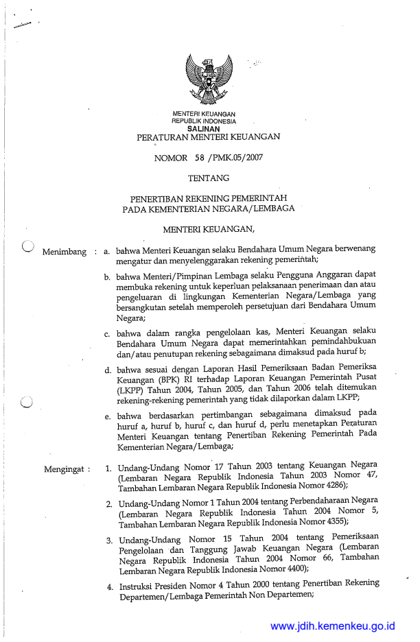 Peraturan Menteri Keuangan Nomor 58/PMK.07/2007