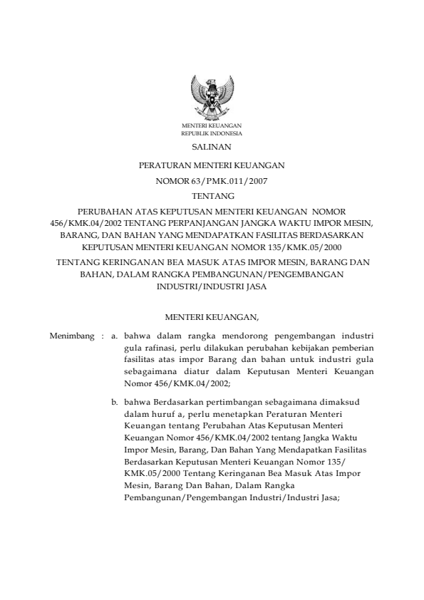 Peraturan Menteri Keuangan Nomor 63/PMK.011/2007