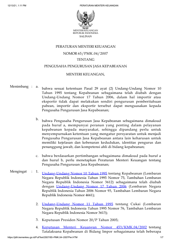 Peraturan Menteri Keuangan Nomor 65/PMK.04/2007